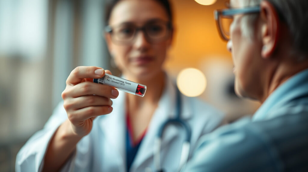 Doctor holds DAO blood sample in her hand